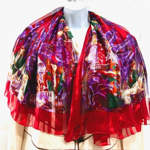 Elegance S.A PARIS   (EE) SCARF 100% SILK  Chiffon Satin  44"x44' Red Floral(32) - Picture 1 of 16